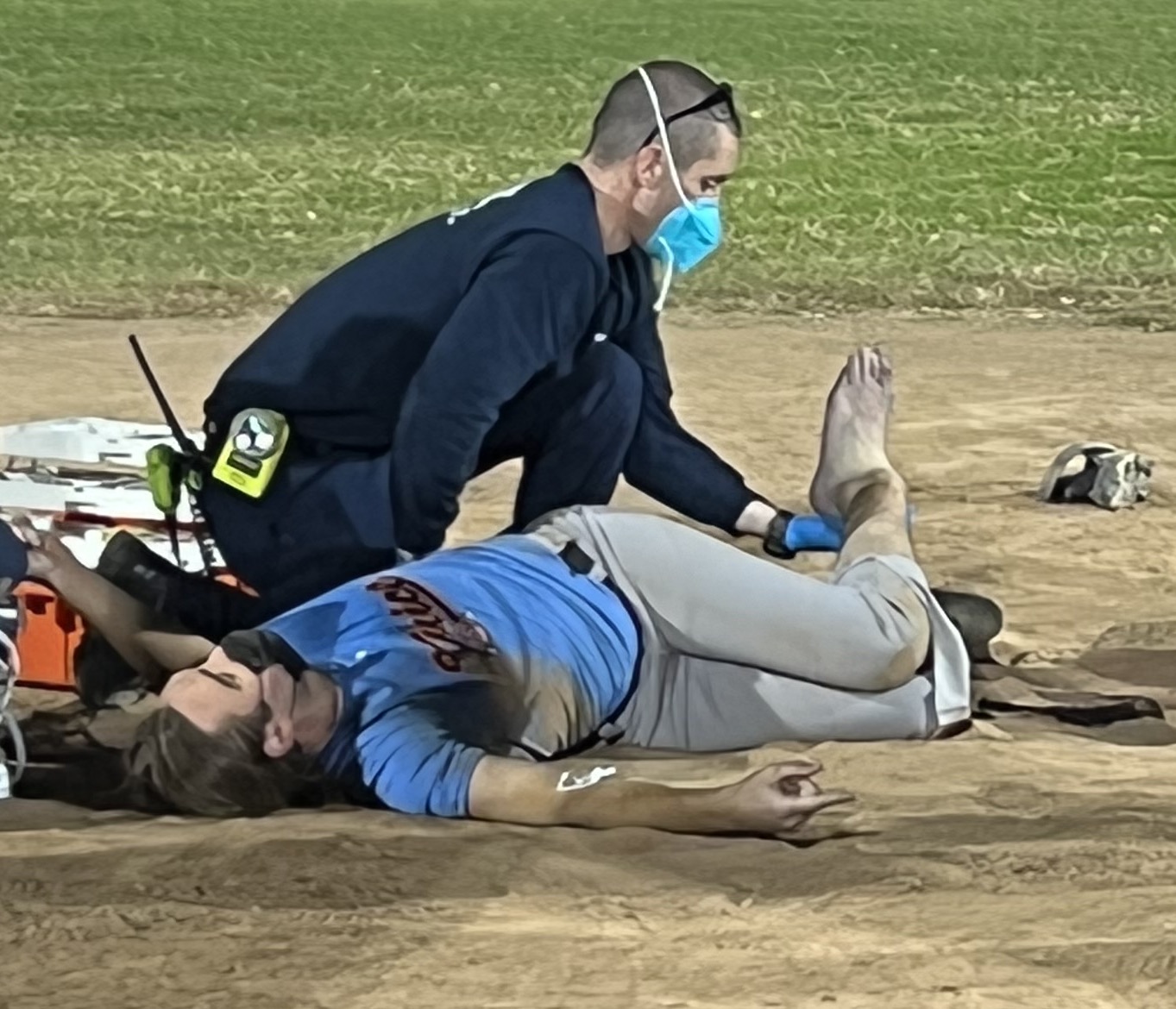 Barefoot on the infield dirt. Not the plan.